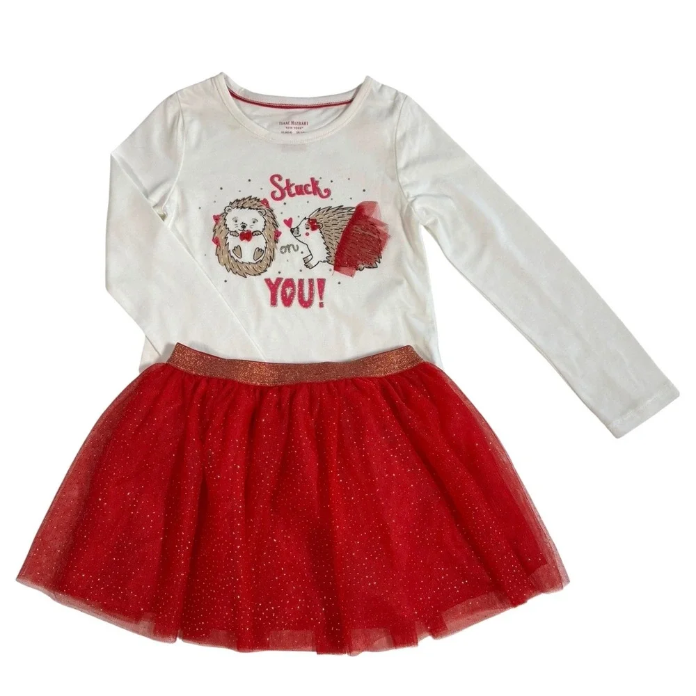 Isaac Mizrahi Girls Size 5/6 Stuck On You Red Tulle Skirt White Tshirt‎ Set